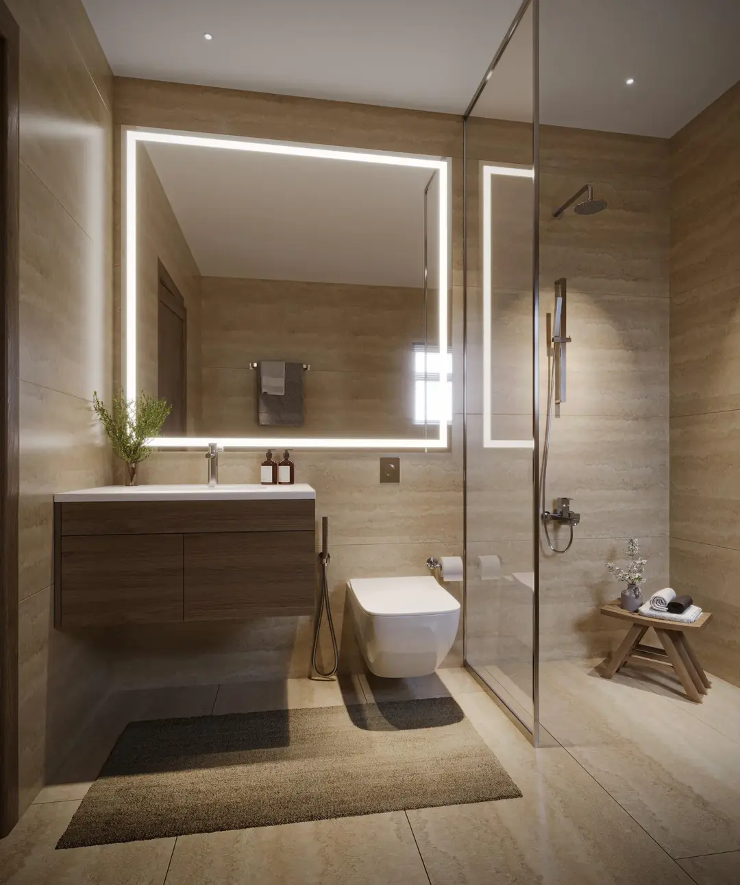 Modern living area with wooden divider