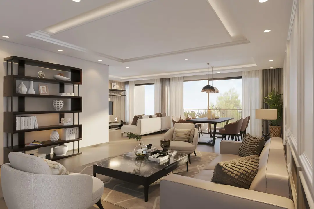 Contemporary living space with gray sofa